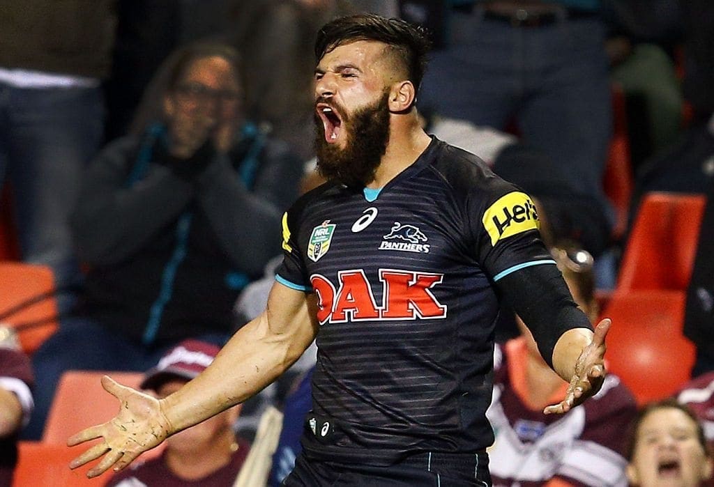 SYDNEY, AUSTRALIA - APRIL 11: Josh Mansour of the Panthers celebrates his second try during the round six NRL match between the Penrith Panthers and the Manly Sea Eagles at Pepper Stadium on April 11, 2015 in Sydney, Australia. (Photo by Renee McKay/Getty Images)