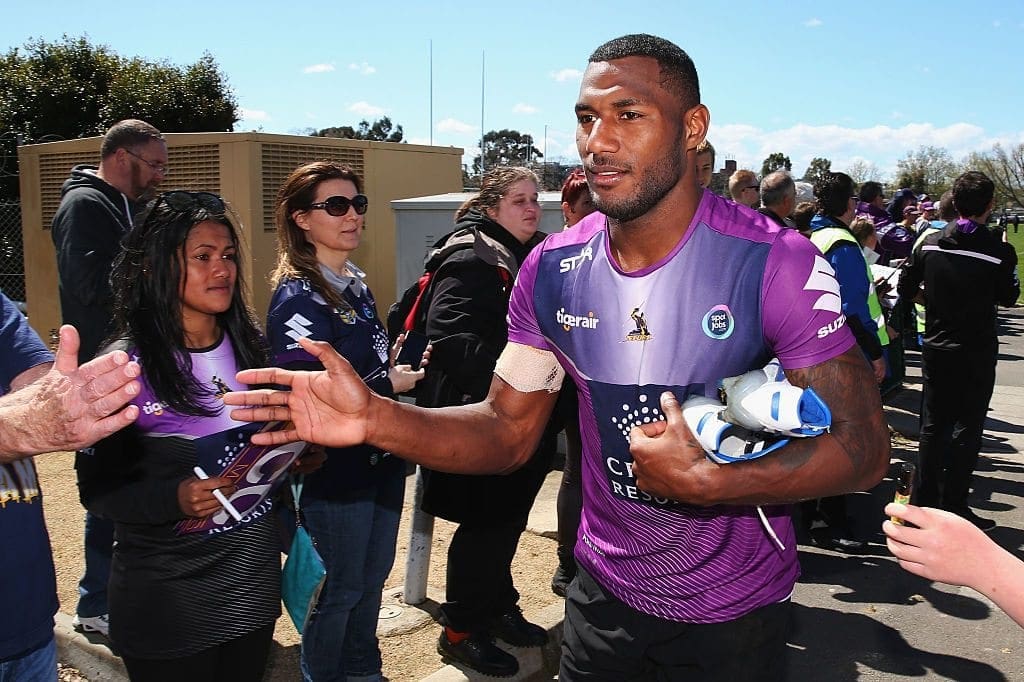 MELBOURNE, AUSTRALIA - SEPTEMBER 28: Suliasi Vunivalu of the Storm is wished well by fans during a Melbourne Storm NRL training session at Gosch's Paddock on September 28, 2016 in Melbourne, Australia. (Photo by Michael Dodge/Getty Images)