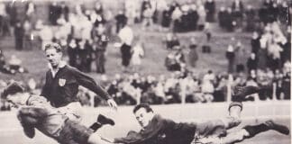 Balmain winger Bobby Lulham dives over the line to score against Newtown at the Sydney Cricket Ground.