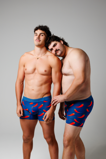 Dolphins star Herbie Farnworth and podcast host Josh 'Clutzy' Clutterbuck show off the new Budgy Smuggler undies.